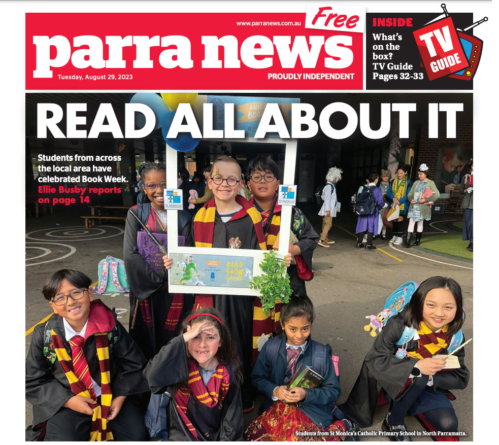 Students at St Patrick's Primary, Guildford, pose for a photo during Book Week.