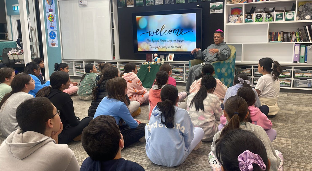 Bishop Vincent Long with st Monica's North Parramatta students
